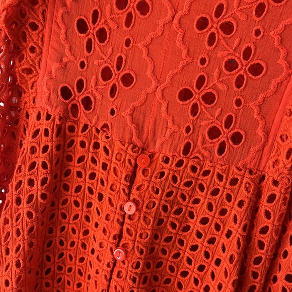NWT Free people FP One Caraway Red Orange Eyelet Lace V neck Ruffle Midi Dress - Picture 4 of 5